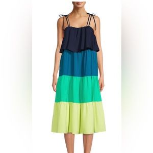 Tiered Time and Tru Midi Dress- Blue, Green, Chartreuse. Size XS.